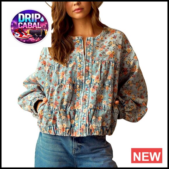 Oversized Floral Denim Bomber Jacket Boyfriend Style Women's Casual